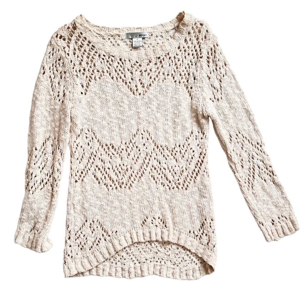 Cotton Crochet Knit Long Sleeve Boho Sweater Cream Size M